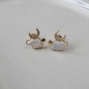 Gold and White Cloud and Moon Earrings